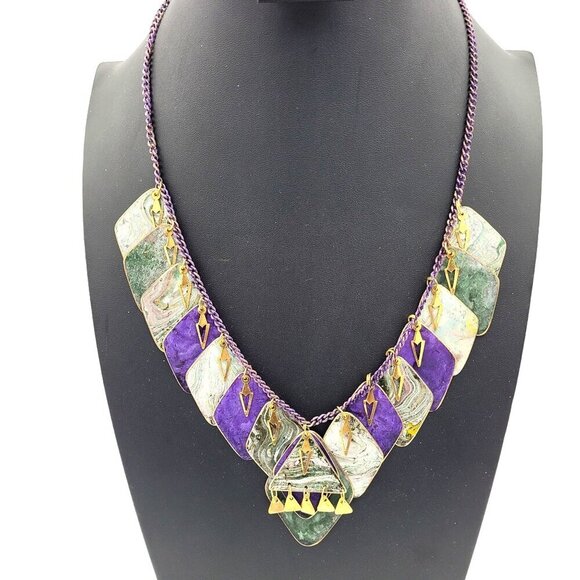 Statement Necklace Multi-Colored Metal Geometric Pendants on Purple Chain 23" - Picture 1 of 7